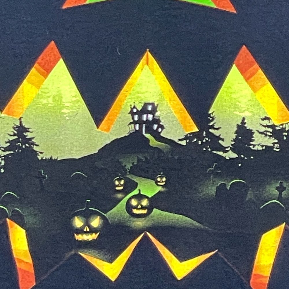 Halloween T-shirt Mean Green Pumpkin Face Scary Road Haunted House Bats Size L - Picture 3 of 6